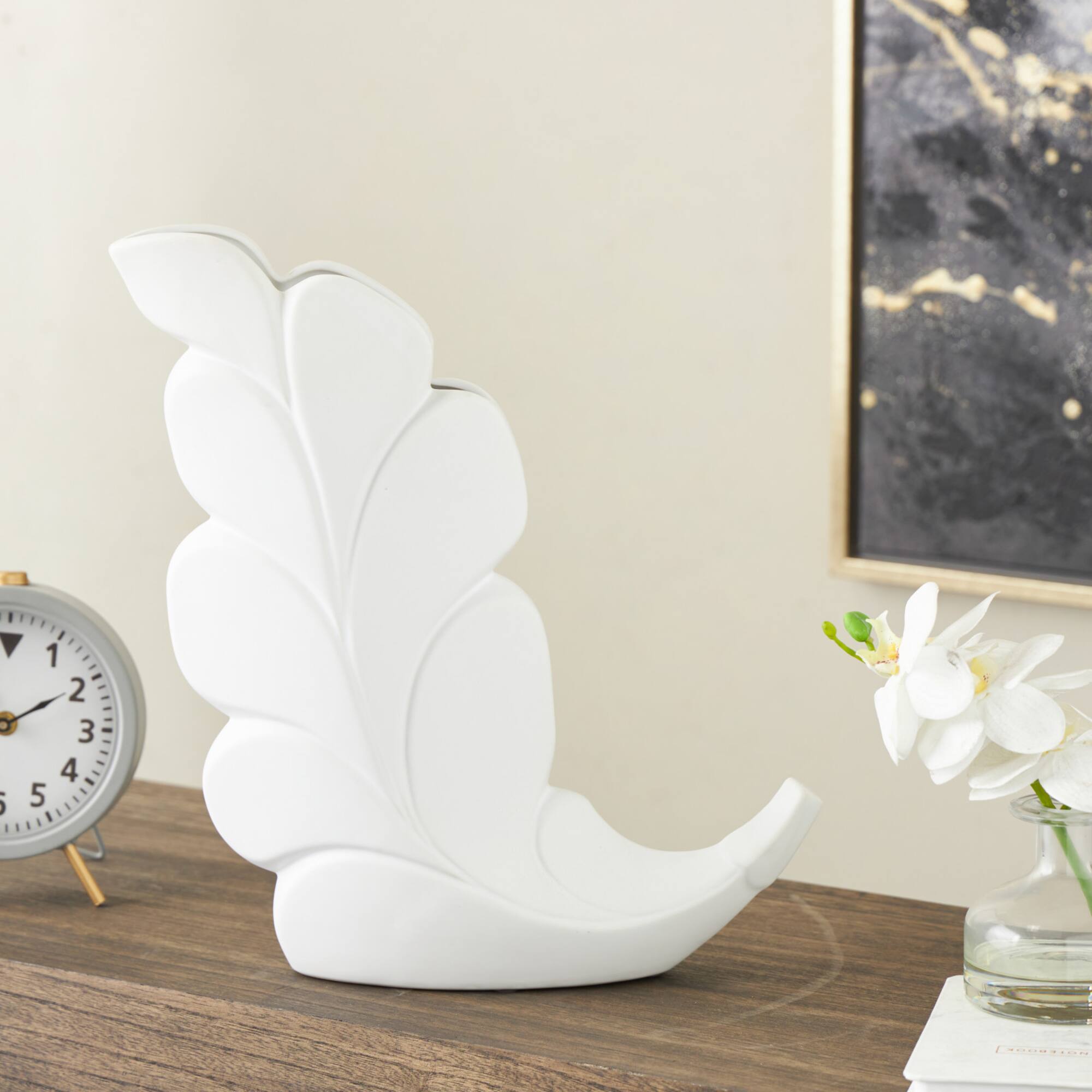 15" White Leaf Ceramic Slanted Decorative Vase